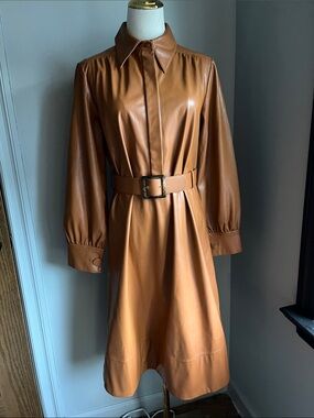 Mare Mare Long Sleeve Faux Leather Belted Midi Dress - Camel